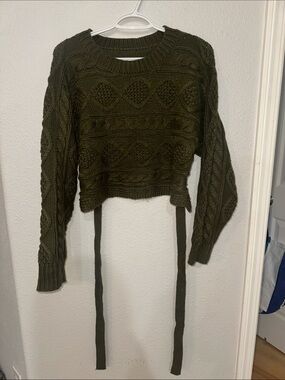Cider Olive Cropped Cable Knit Crewneck Sweater with Tie Straps